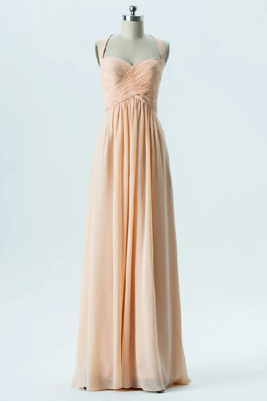 Mega Deal Halter Peach Bridesmaid Dress with Criss Cross Straps