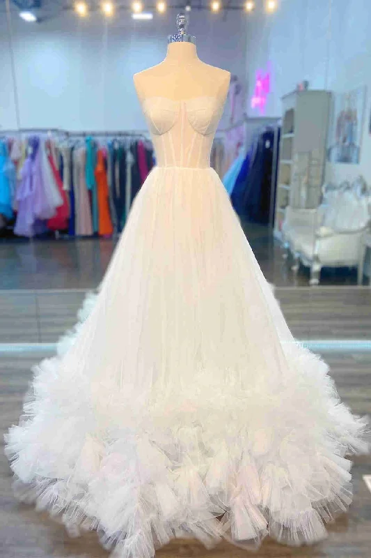 Don't Miss Elegant White Strapless Tiered Tulle Long Wedding Dress