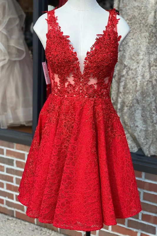 Final Markdown V-Neck Lace Red Homeocming Dress with Mesh