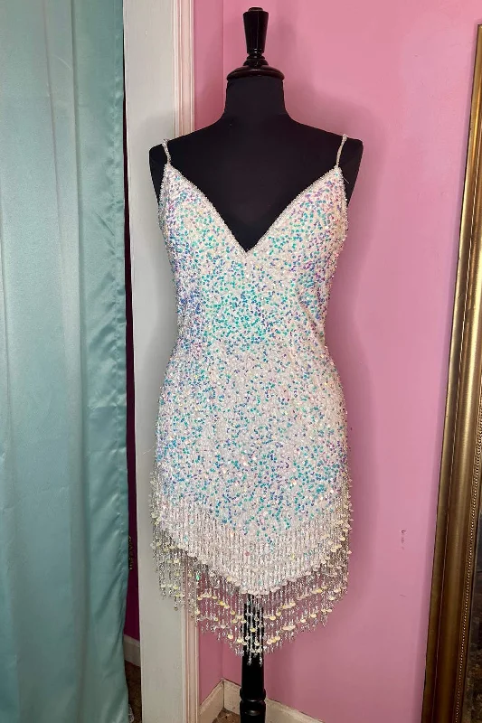 Overstock Straps White V-Neck Sequin Short Homecoming Dress with Tassel