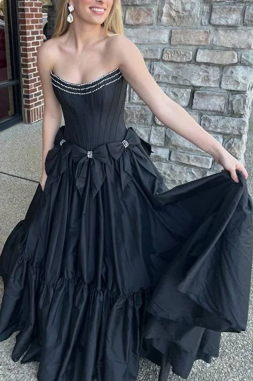 Super Bargain Black Strapless Beaded Ruffle Prom Dress with Bow