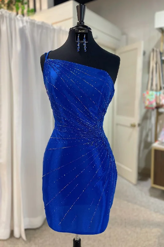Instant Savings Straps One Shoulder Royal Blue Beaded Short Homecoming Dress