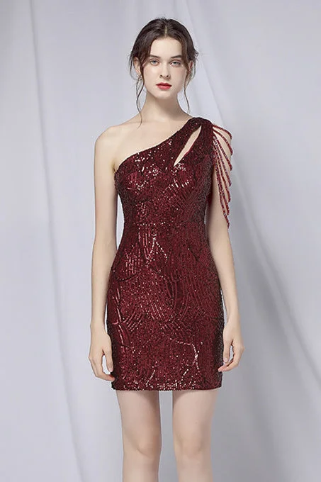 Weekend Deal One Shoulder Burgundy Beaded Short Homecoming Dress