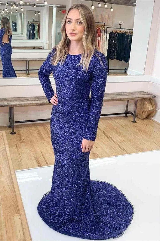 Deal Frenzy Crew Neck Blue Sequins Mermaid Prom Dress with Long Sleeves