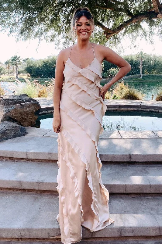 Deep Discounts Straps Champagne Ruffle Maxi Bridesmaid Dress