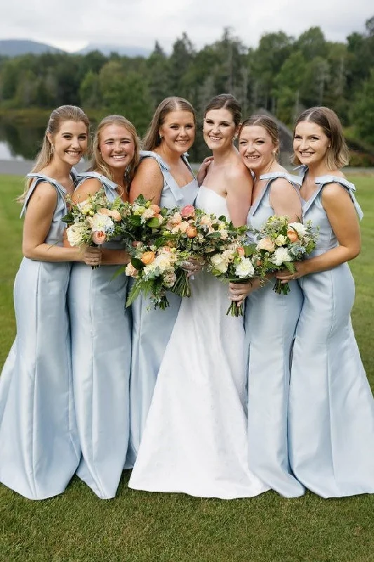 Final Markdown Light Blue Slit Bridesmaid Dress with Bow Tie Straps