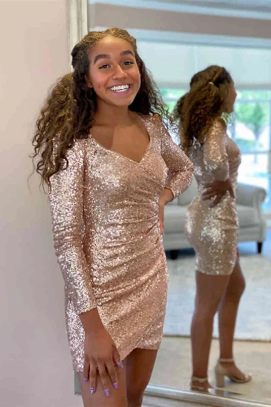 Anniversary Sale Sparkle Short V-Neck Rose Gold Homecoming Dress