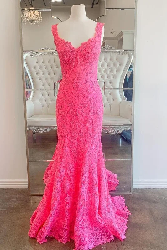 Markdown Madness Mermaid Hot Pink Lace Long Prom Dress
