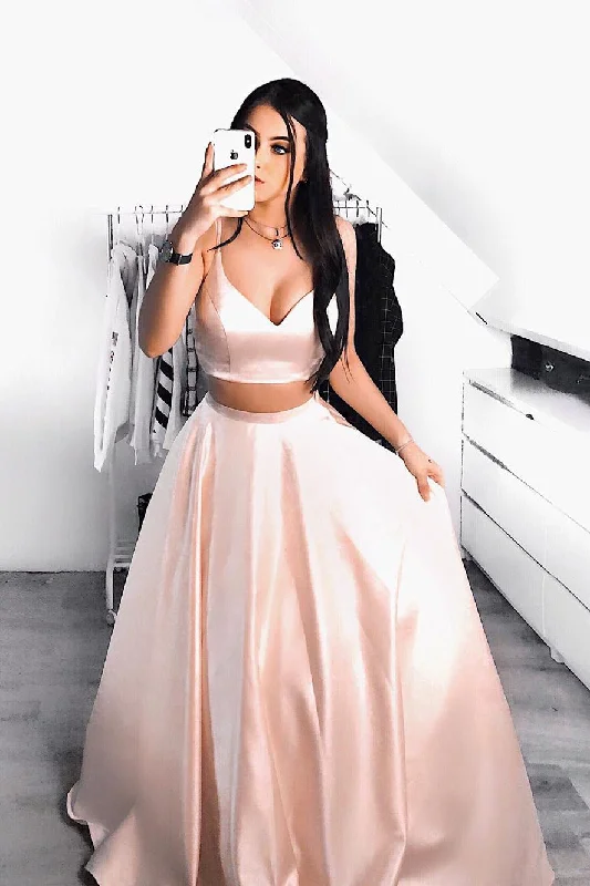 Value Deals Elegant V Neck Two Piece Blush Pink Long Prom Dress