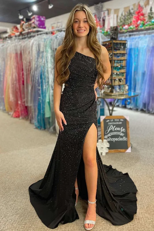 Value Deals Black One Shoulder Beaded Mermaid Prom Dress with Slit