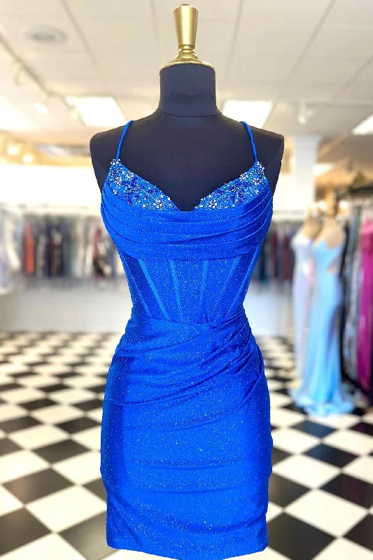 Super Bargain Straps Royal Blue Beaded Pleated Bodycon Homecoming Dress