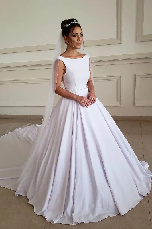 Crazy Deals Long A-line Boat Neck White Wedding Dress with Beads