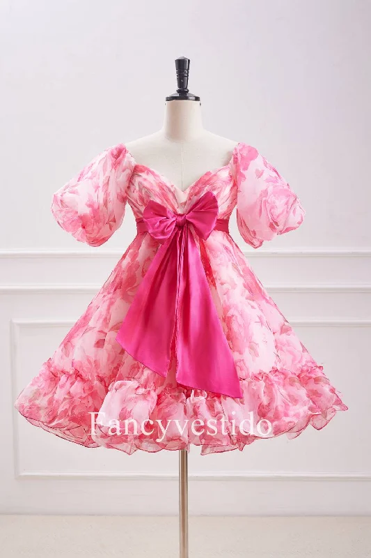 Discount Deals Princess Pink Balloon Sleeves Floral Babydoll Homecoming Dress