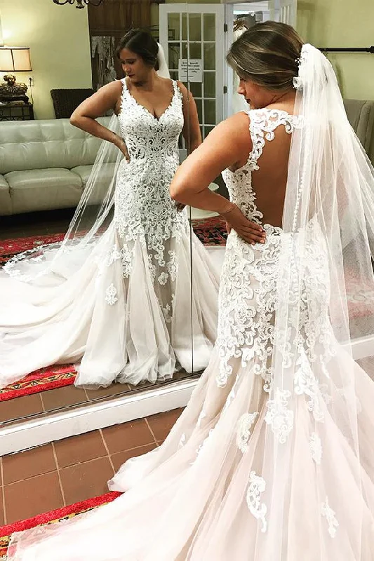 Extra Savings Long Mermaid V-Neck Ivory Wedding Dress with Lace