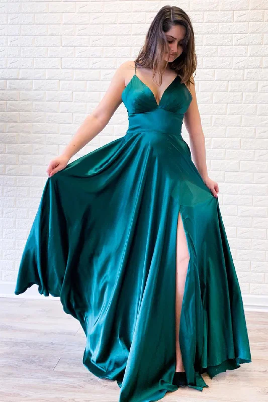 Best Seller Empire Straps Teal Satin Long Prom Dress with Slit