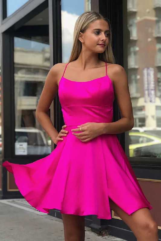 Steals and Deals Spaghetti Straps Criss Cross Fuchsia Homecoming Dress