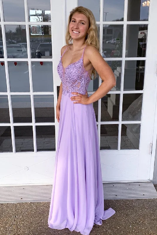 Unmissable Offer Spaghetti Straps Appliques Lilac Prom Dress with Criss back