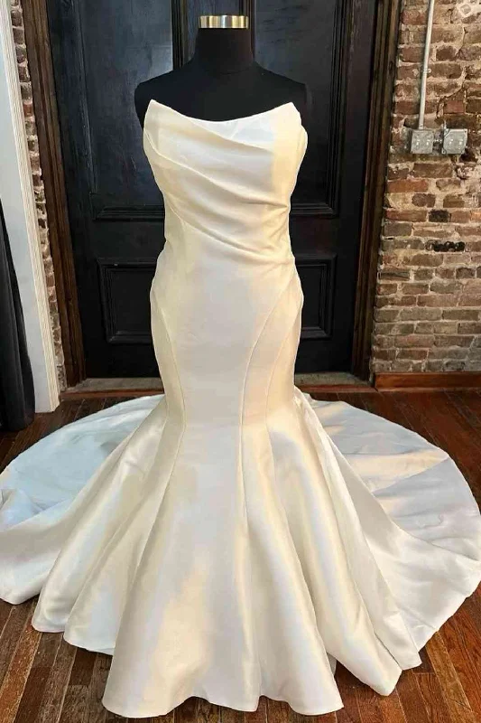 Price Drop Elegant White Strapless Satin Mermaid Long Wedding Dress