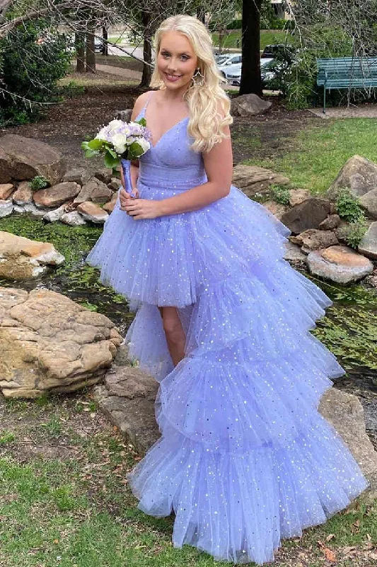 Super Savings Glitter Hi-Low Lavender Tiered Tulle Prom Dress