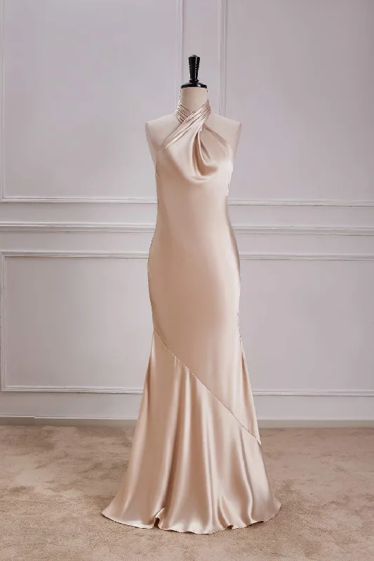 Loyalty Reward Champagne Crossed Halter Mermaid Bridesmaid Dress