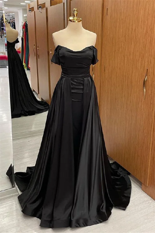 Discount Mania Black Off-the-Shoulder Cowl Neck Long Prom Dress