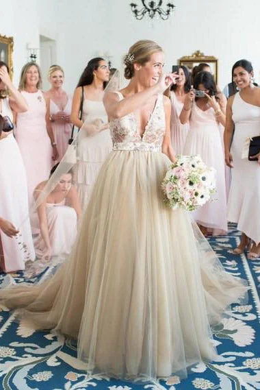 Limited Time Discount Long Deep V-Neck A-line Champagne Wedding Dress with Lace Top