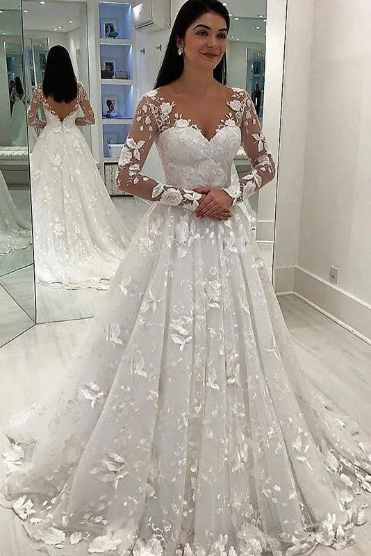 Daily Deals Long Sleeves A-line V-Neck Ivory Wedding Dress with Appliques