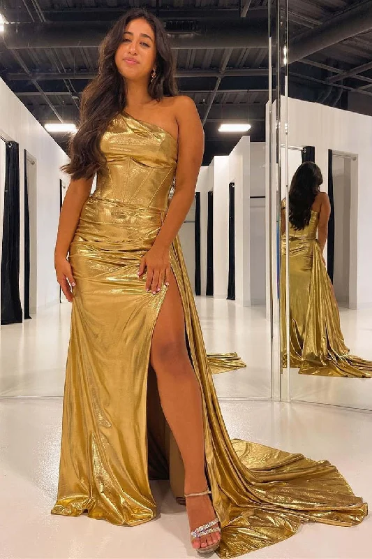 Unbeatable Prices One Shoulder Gold Corset Long Prom Dress with Slit