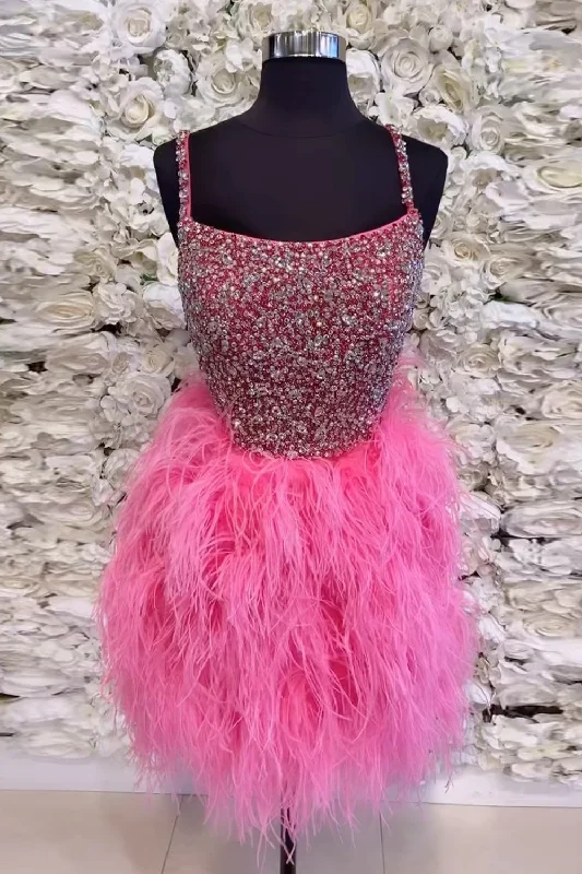 Closeout Lace-Up Hot Pink Beaded Feathers Short Homecoming Dress