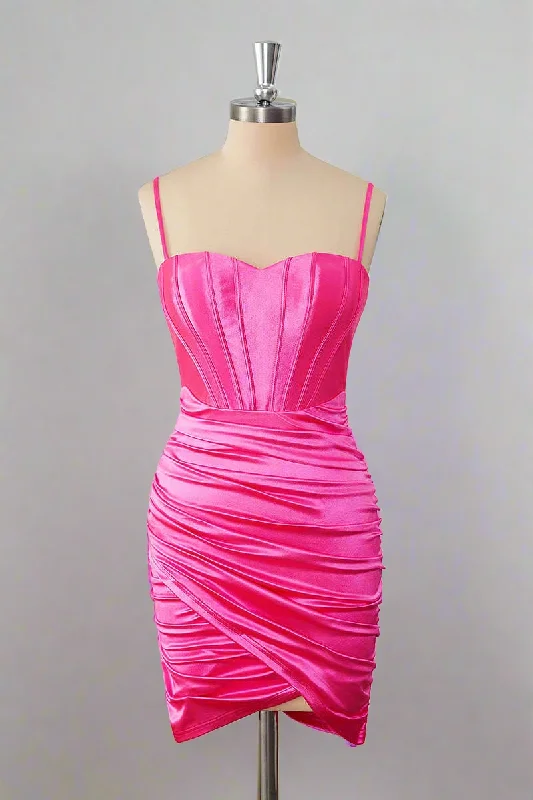 Super Sale Sheath Hot Pink Straps Pleated Short Homecoming Dress