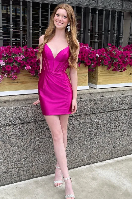 Year-End Sale Bodycon Fuchsia V-Neck Corset Satin Homecoming Dress