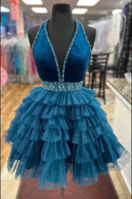 Best Bargains Halter Teal Beaded Ruffled Homecoming Dress