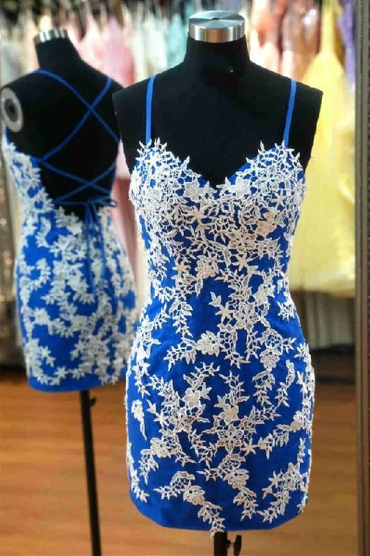Midnight Madness Blue Straps Mini Homecoming Dress with White Appliques