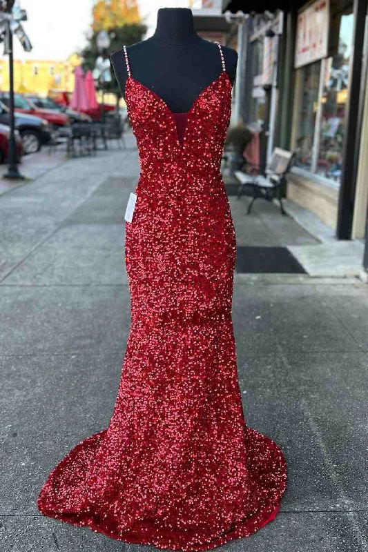 Friends and Family Sale Beaded Straps Red Sequins Mermaid Long Prom Dress