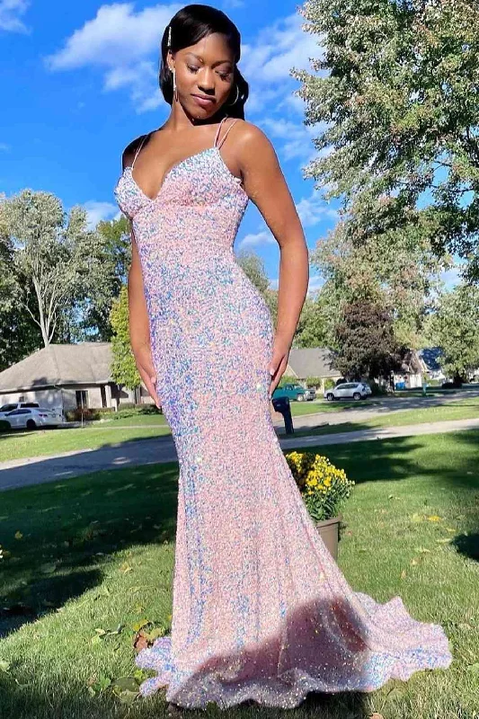 Great Bargains Lace-Up Pink V-Neck Sequined Long Prom Dress