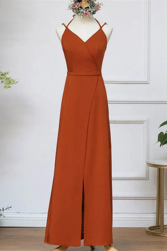 Sale Event Straps Pumpkin Long Bridesmaid Dress with Slit