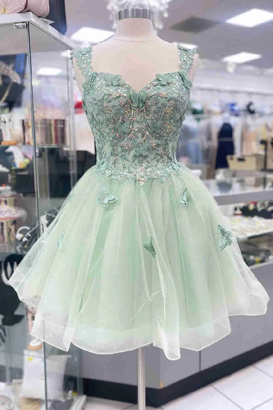 Reduced Prices A-Line Lace-Up Sage Green Short Homecoming Dress with Appliques