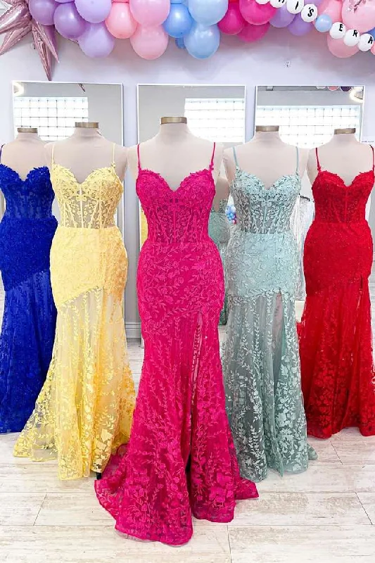 Daily Deals Double Straps Hot Pink Lace Applique Long Mermaid Dress