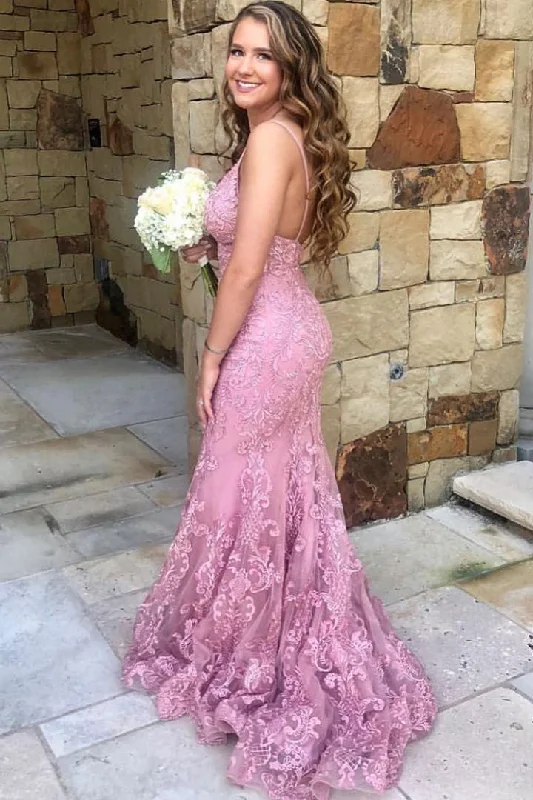 Final Markdown Spaghetti Straps Mermaid Lace Pink Long Prom Dress