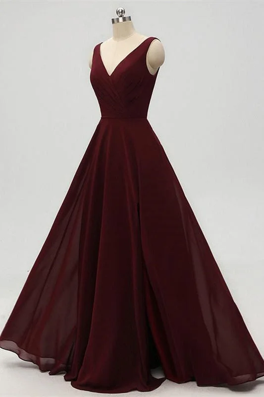 Overstock A-Line Double V-Neck Burgundy Bridesmaid Dress