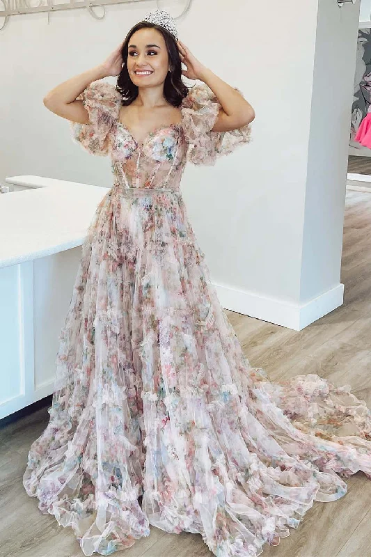 Super Deal Princess A-Line Floral Corset Long Prom Dress with Balloon Sleeves