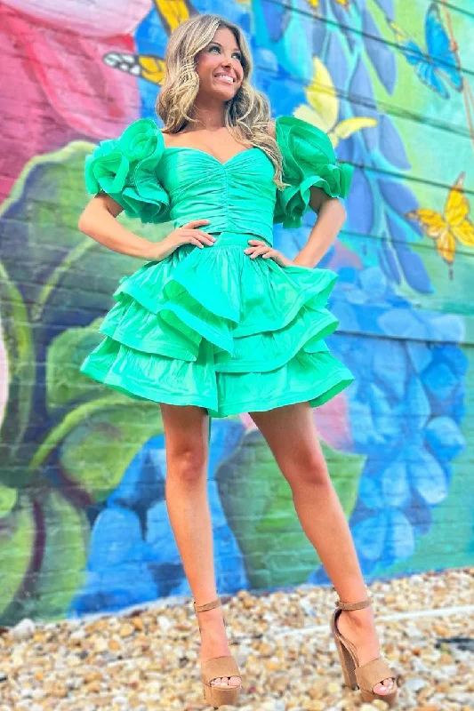 Special Promotion Cute A-Line Green Ruffle Sleeves Layered Short Party Dress