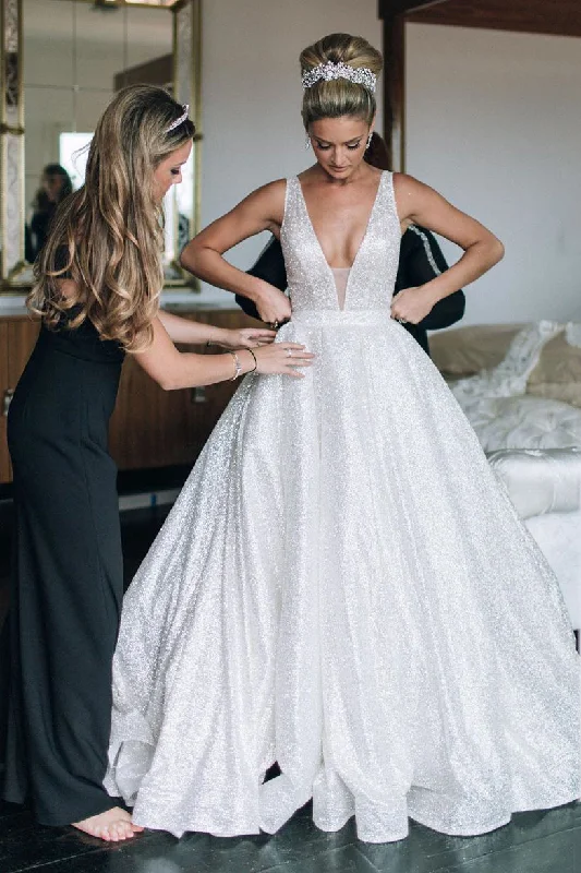 Online Exclusive Sparkly A-line Long Deep V-Neck Princess White Wedding Dress