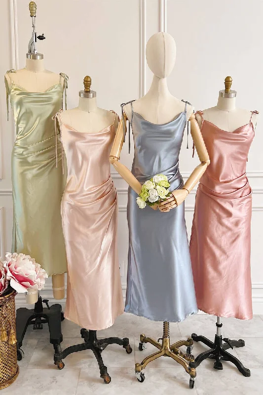 Don't Wait Sheath Champagne Long Bridesmaid Dress with Tie Shoulder