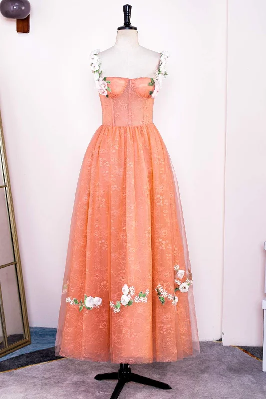 Act Fast Burnt Orange Straps Lace Long Prom Dress with 3D Flowers