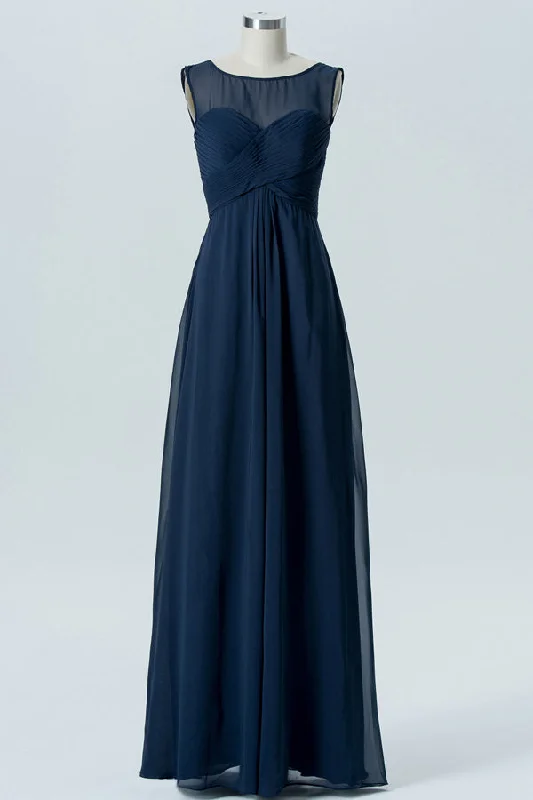 Weekend Deal Chiffon Navy Blue Crew Neck Bridesmaid Dress
