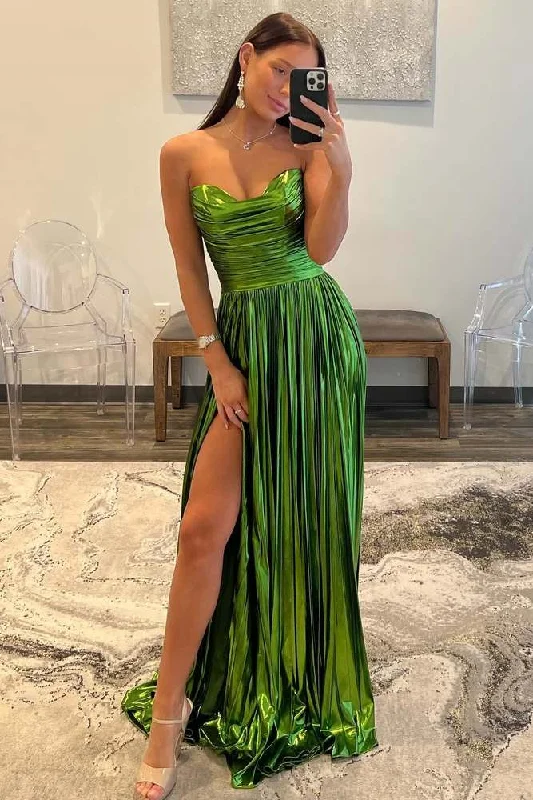 Reduced Prices Strapless Green Metallic Pleated Long Prom Dress with Slit