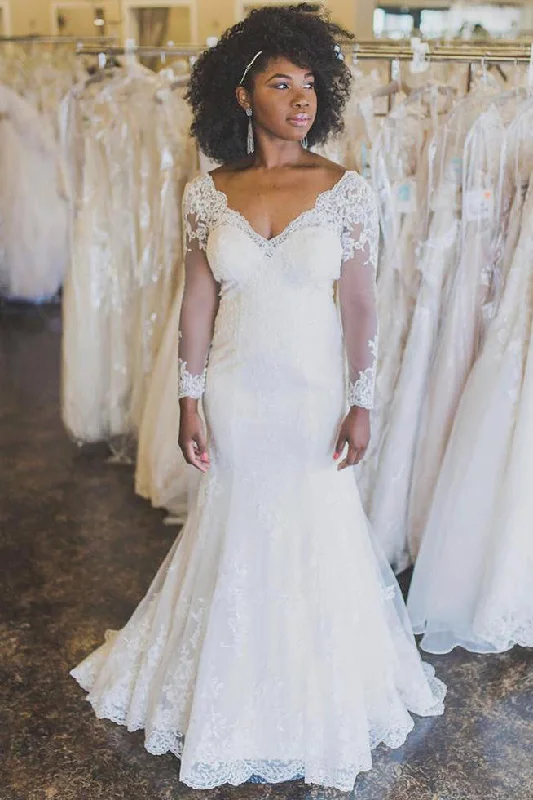 Super Bargain Long Sleeves Mermaid V Back Ivory Wedding Dress with Appliques