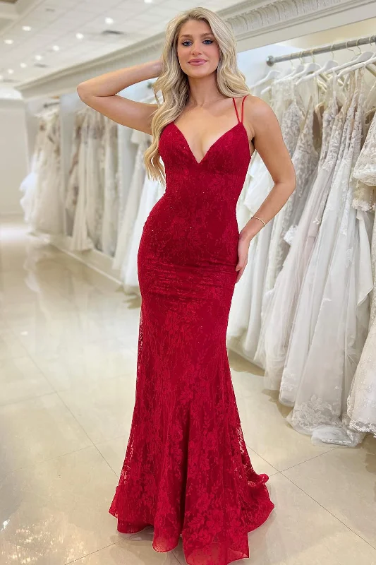 Value Deals Double Straps Red Lace Mermaid Prom Dress