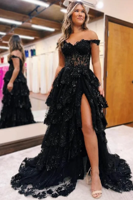 Sneak Peek Sale Off the Shoulder Black Lace Applique Tiered Prom Dress
